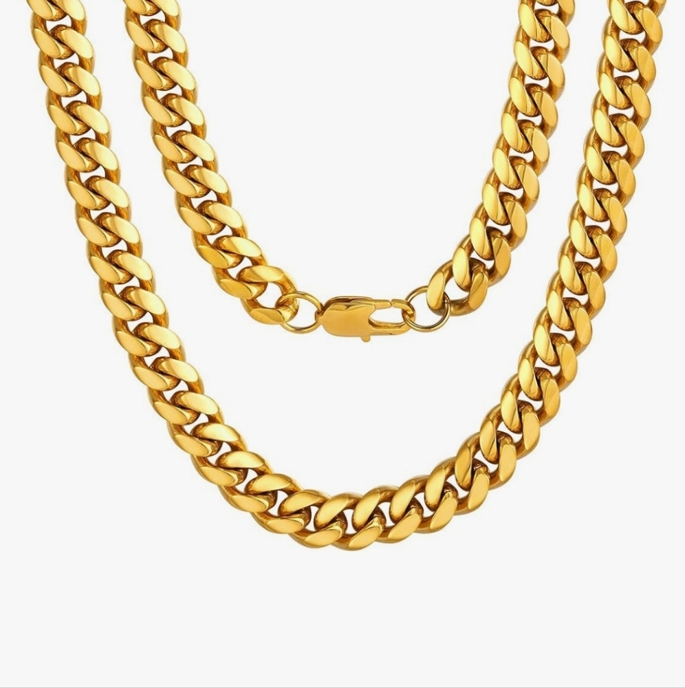 6mm Cuban Curb Link Chain Necklaces for Women & Men 24k Gold Plated 28"
